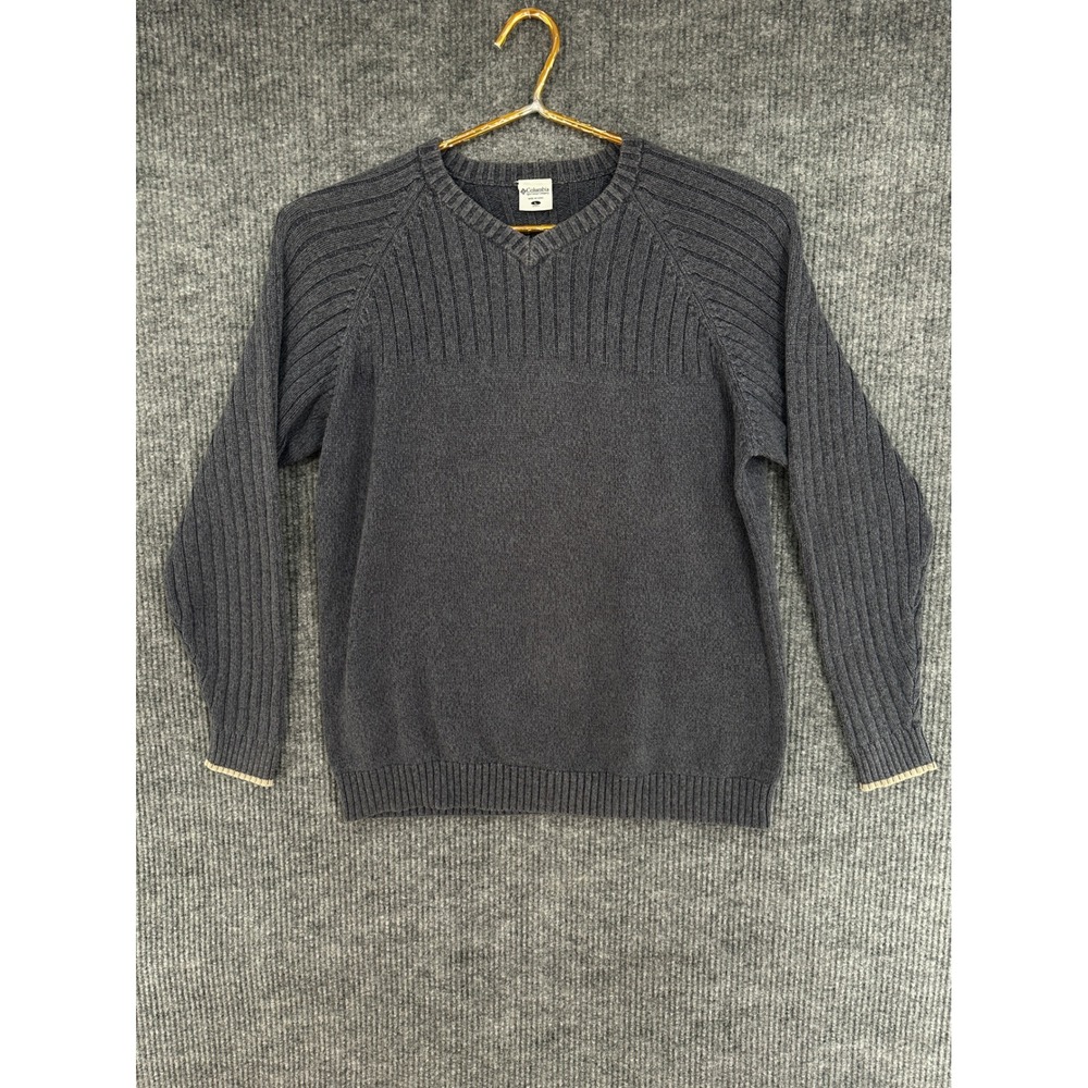 Columbia V-Neck Sweater Mens Large Gray AM2548 Excellent Ribbed Cotton Pullover